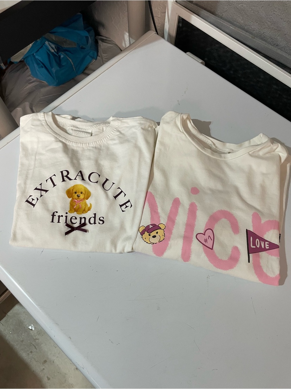 Zara White Crewneck Tees with Pink and Brown Graphics